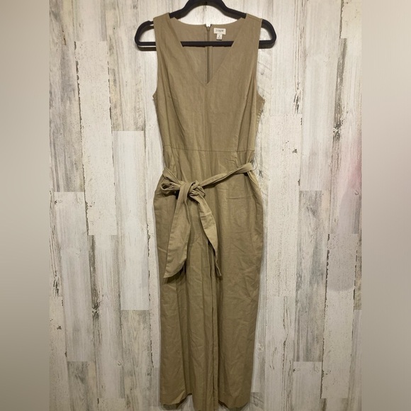 J.Crew Tan Linen Sleeveless V-neck Tie Waist Straight Wide Leg Jumpsuit 6 - Picture 2 of 12